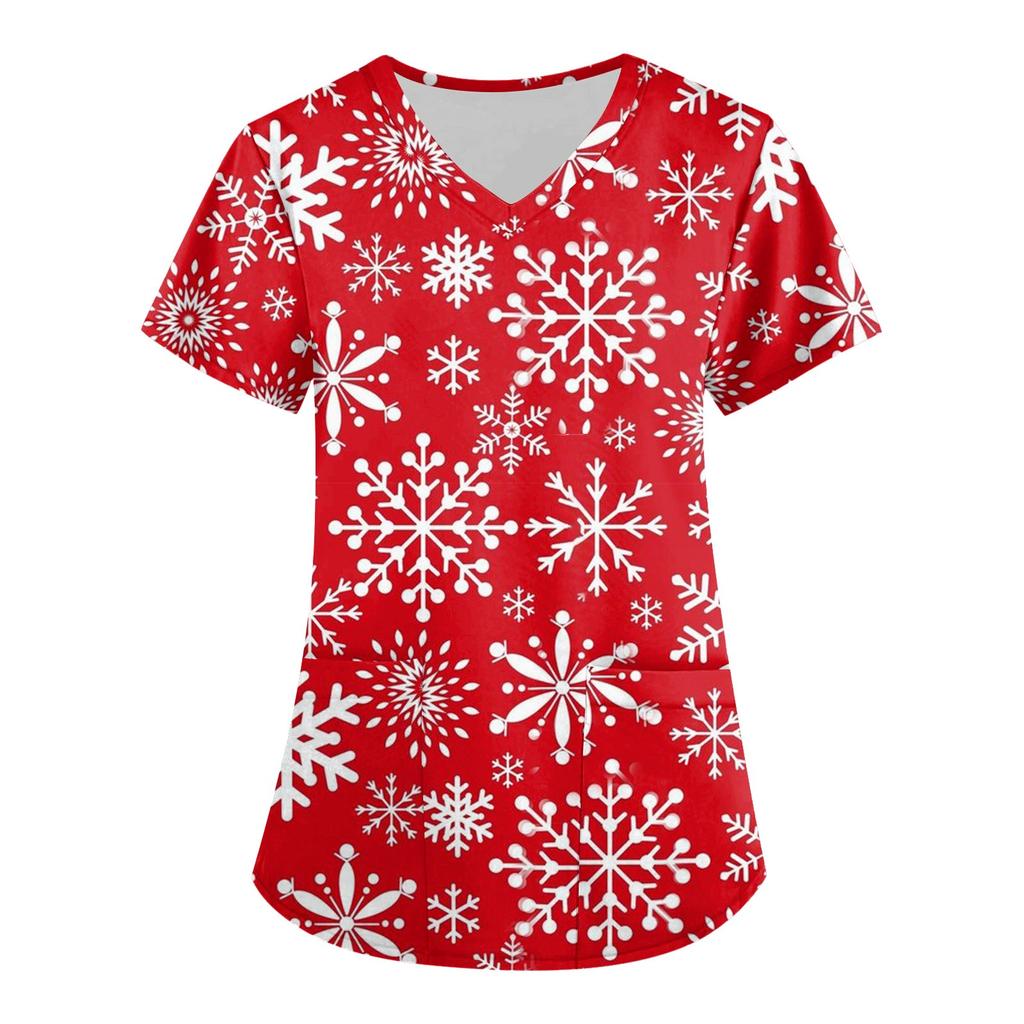 Plus Size Printed Scrub Working Uniform Tops For Women's V-Neck Christmas Print Short Sleeve Fun T-Shirts Workwear Tee With Pockets