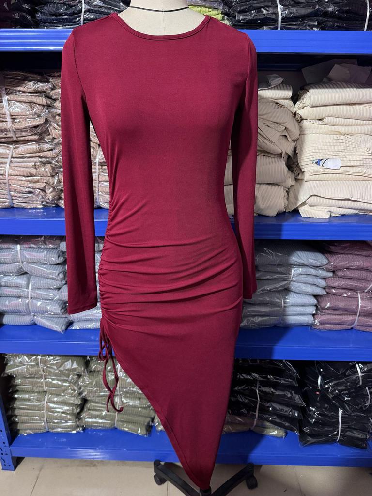European American Sexy Slimming Solid Color Hip-Hugging Dress - Long Sleeve, Round Neck, Drawstring, Slim Fit.