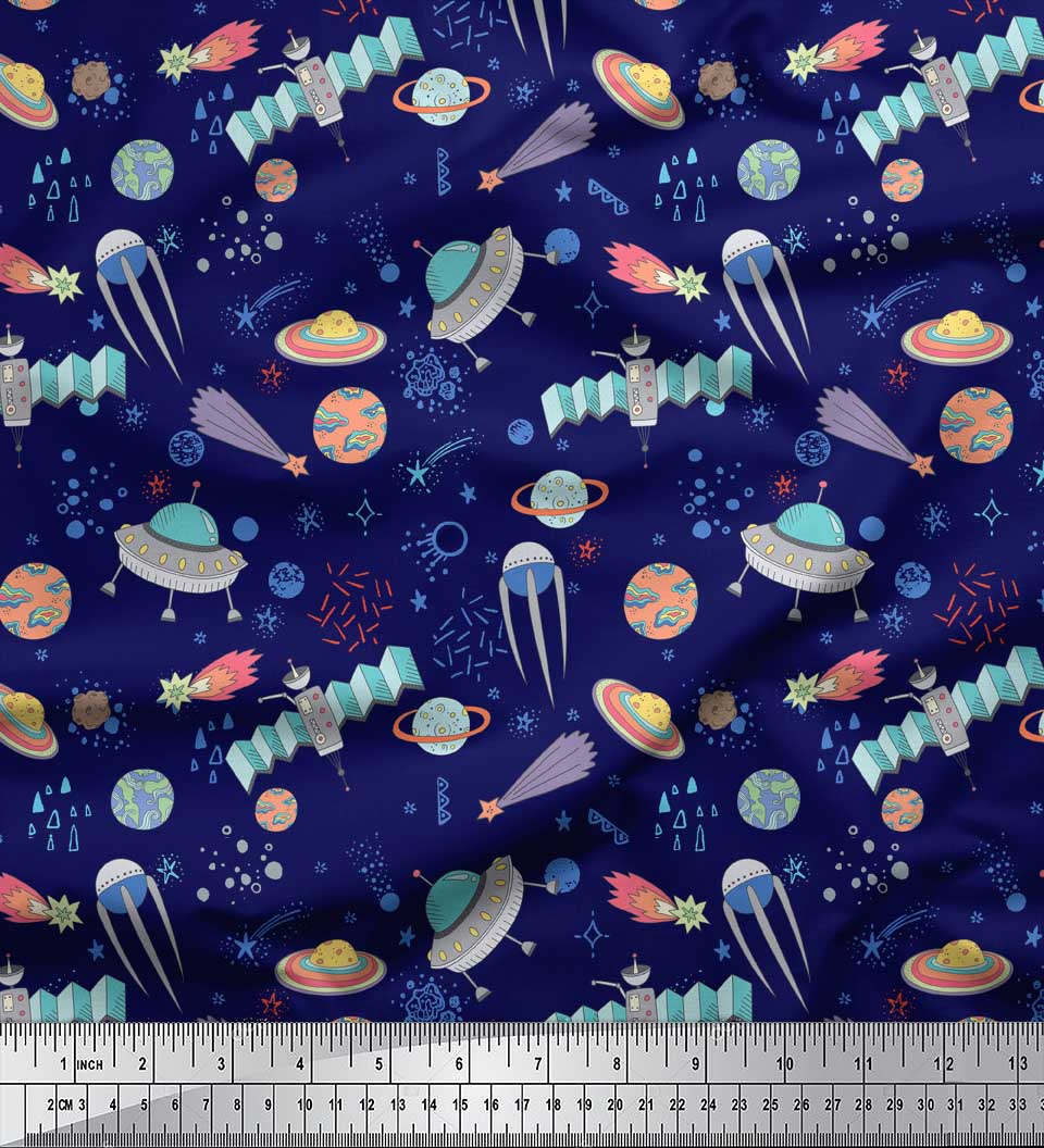 

Soimoi Green Japan Crepe Satin Fabric Satellite & Planet Galaxy Print Тканина на метри 42 дюйма 42 Inch Wide - Poly Crepe синій
