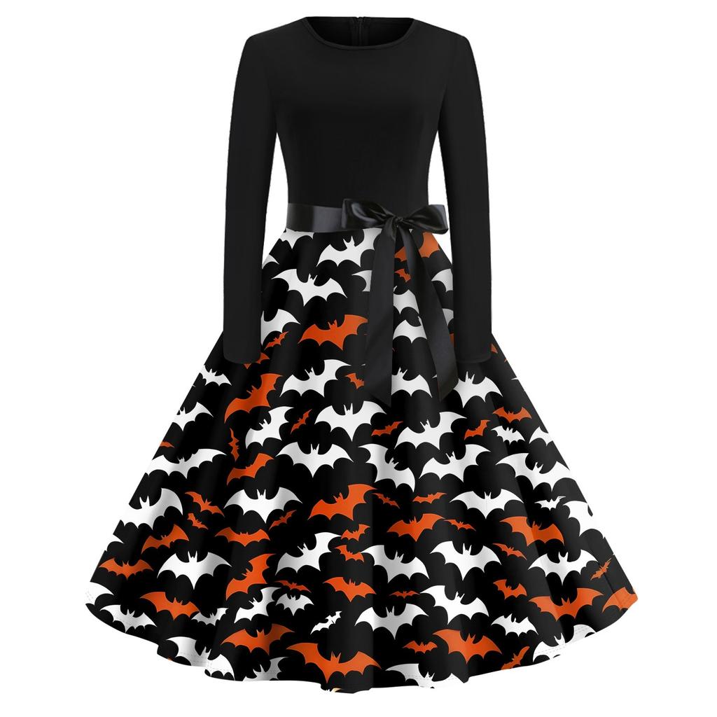 Halloween Print Flare Dress For Women Long Sleeve Dress Hollow Party Casual Round Neck Dresses