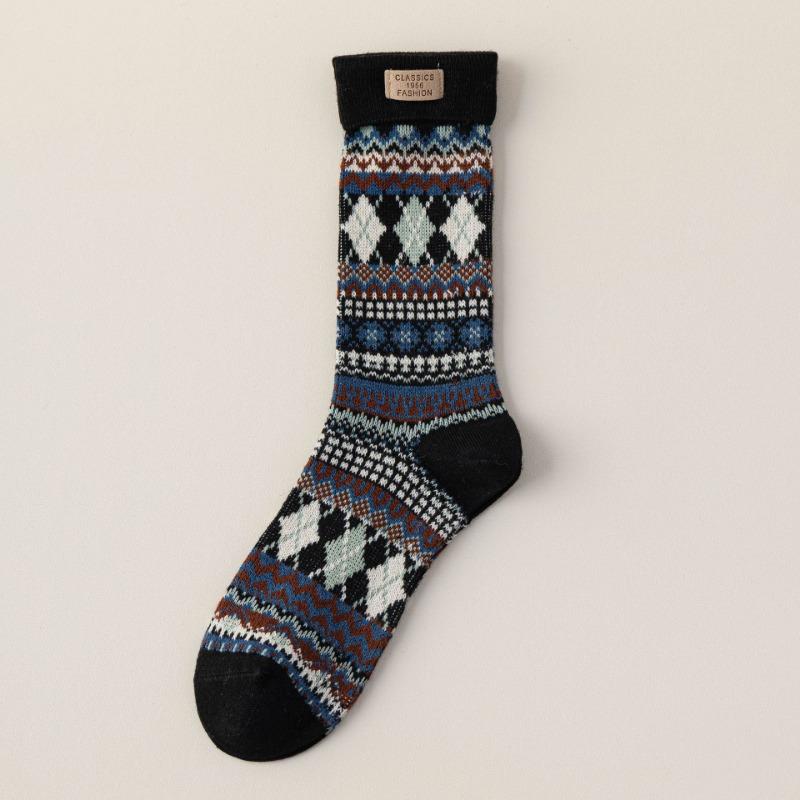 Ladies Autumn and Winter Retro Double Needle Double Road Cloth Standard Ethnic Style Pile Pile Cotton Socks