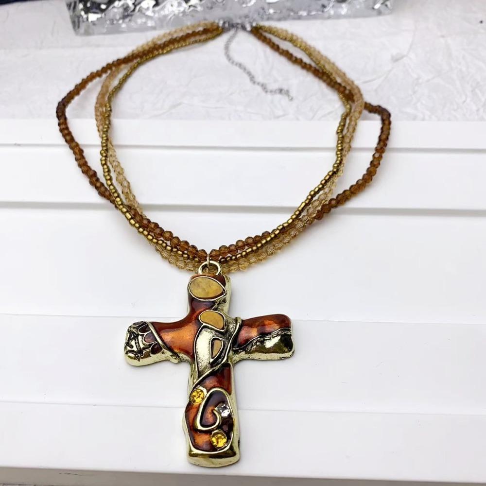 Charm Gothic Cross Necklace Metal Pendant Sweater Necklace Fashion Beaded Chain Necklace  Party
