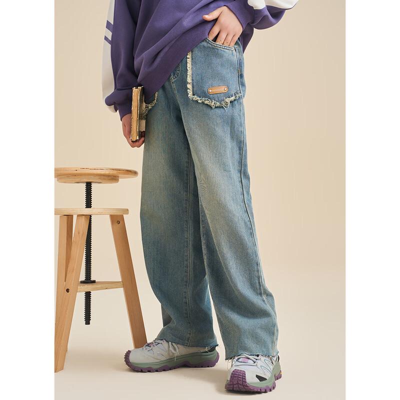 Monteau Kids Spring Autumn Loose Straight Washed Denim Jeans 170