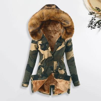 Women Winter Down Coat Faux Fur Fleece-lined Zip-up Press Button Closure Windproof Mid