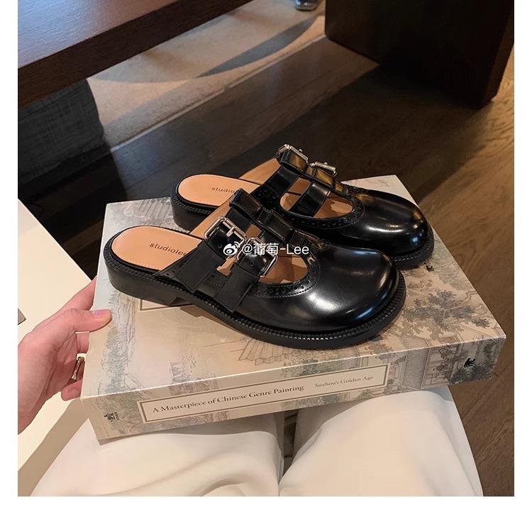 

Grape mother same sunset Wilton~ open edge bead cowhide big head double buckle carved Mary Jane semi-drag cool slippers 34 чёрный