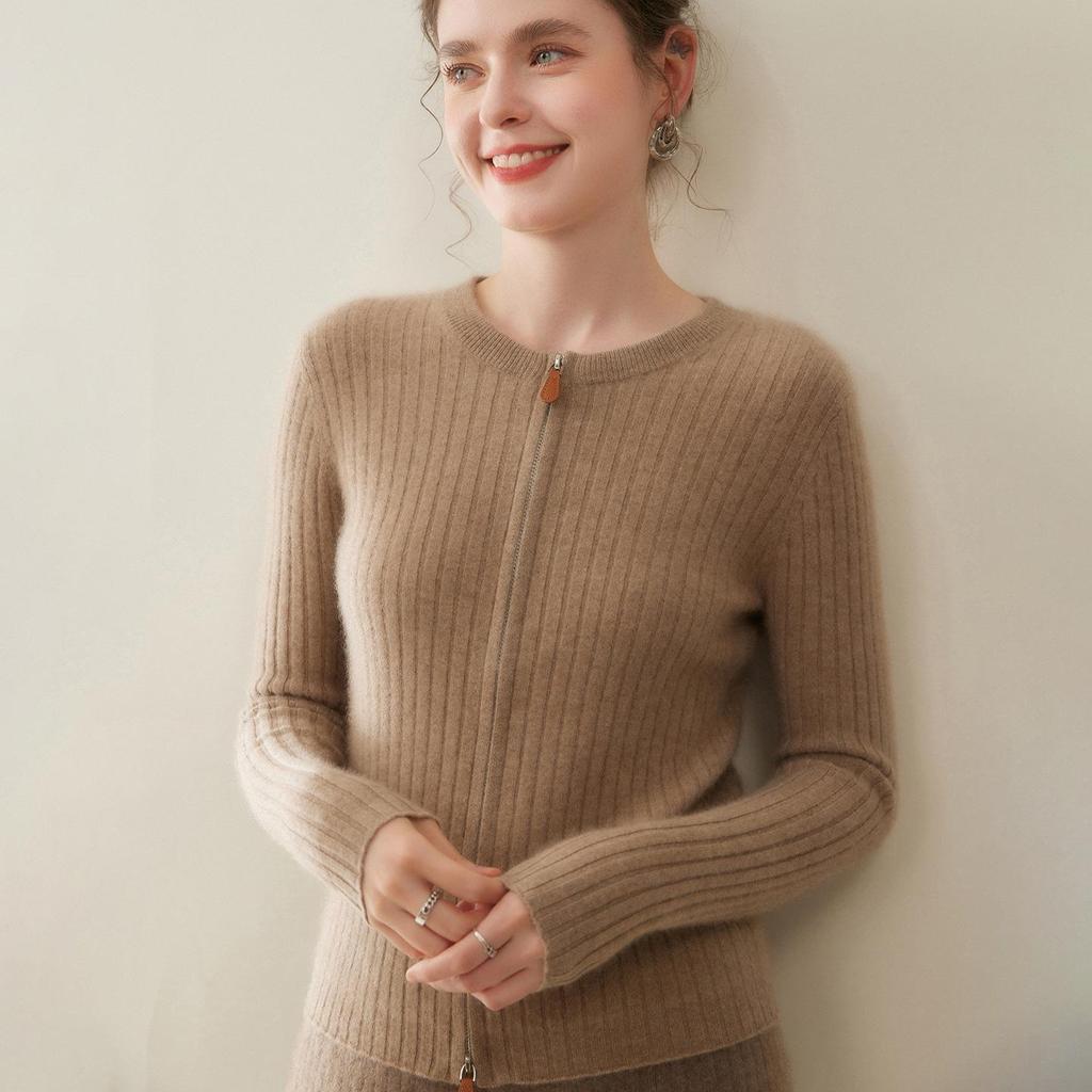 Fashionable Ribbed Cashmere Zipper Cardigan Sweater - Slimming Knit, Round Neck Wool Coat