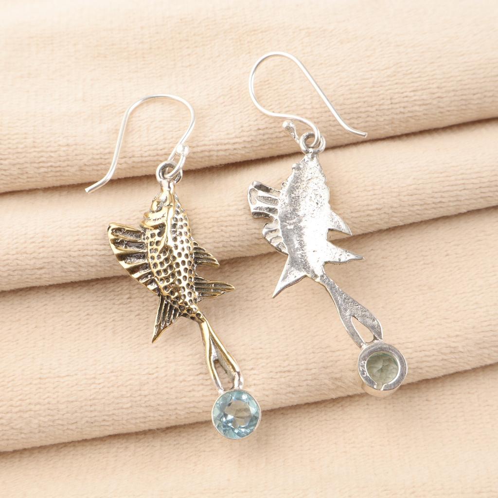 Natural Sky Blue Topaz Gemstone 925 Sterling Silver Handmade Hook Earrings 2.17" EE-148-2