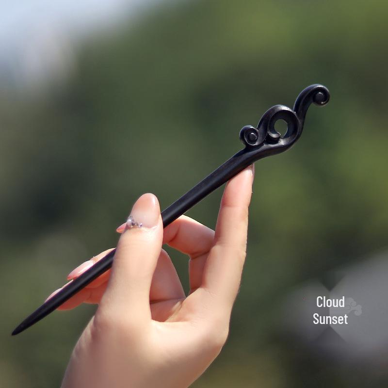 High-End Natural Ebony Wood Hairpin - Extended Chinese Ancient Style Black Hair Bun Accessory