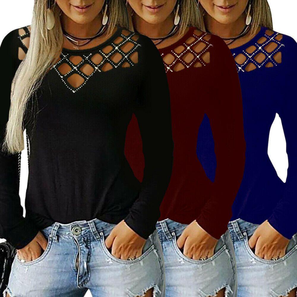 Stylish Women's Hollow Long Sleeve T-shirt For Casual Chic V-neck Pullover Top