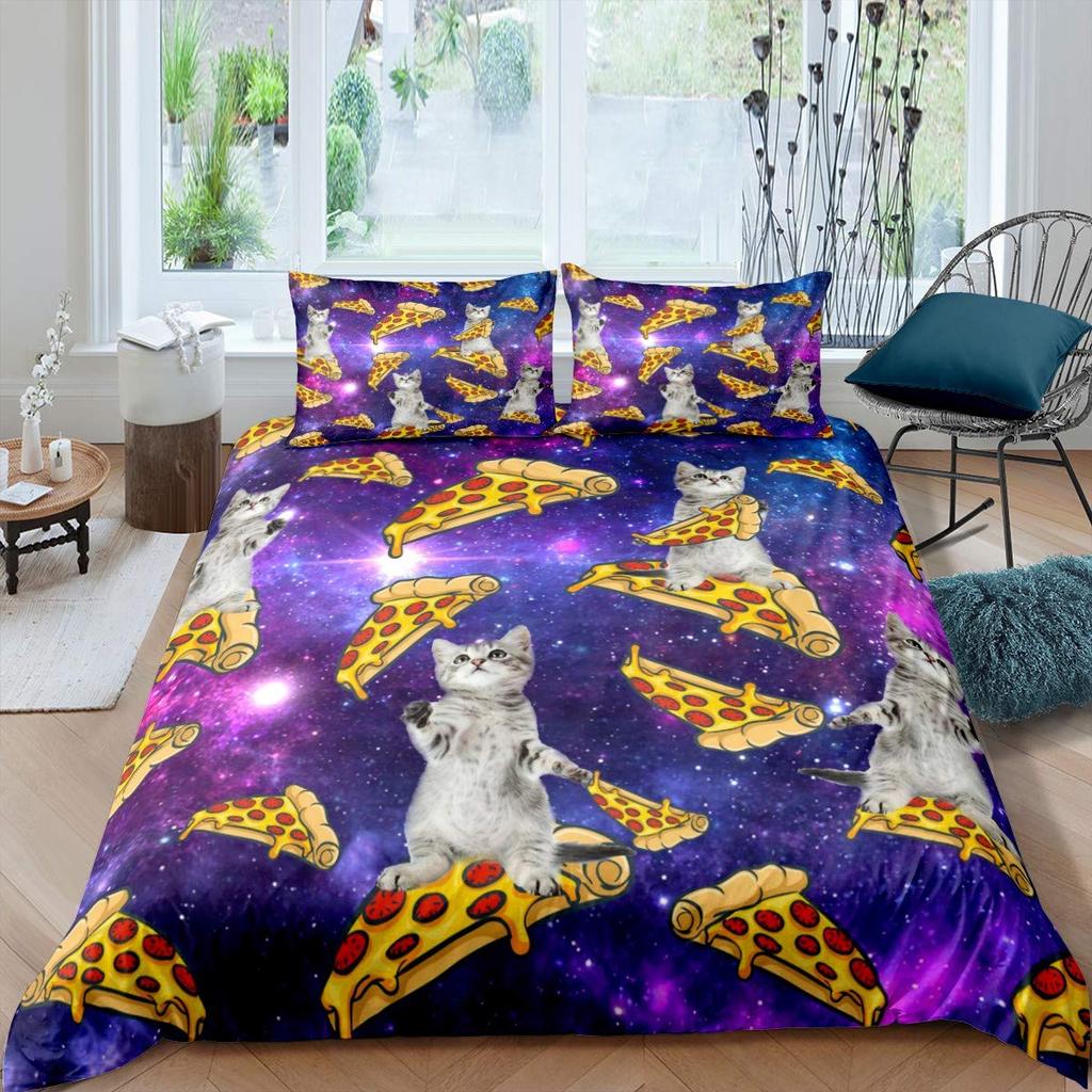 Galaxy Cat Duvet Cover Set Microfiber Universe Galaxy Bedding Set Cute Kitten Comforter Cover Outer Space Planets Quilt Cover