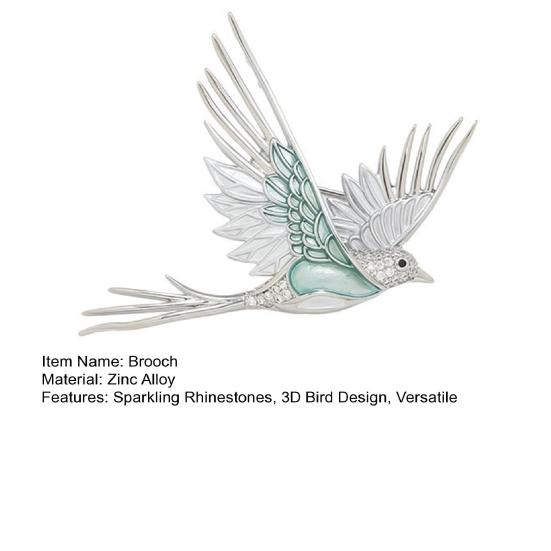 Brooch Pin, 3D Bird Design Lapel Pin with Cyan-Blue Enamel Wings And Translucent Rhinestones, Sparkling Luster Badge for Suits Dresses