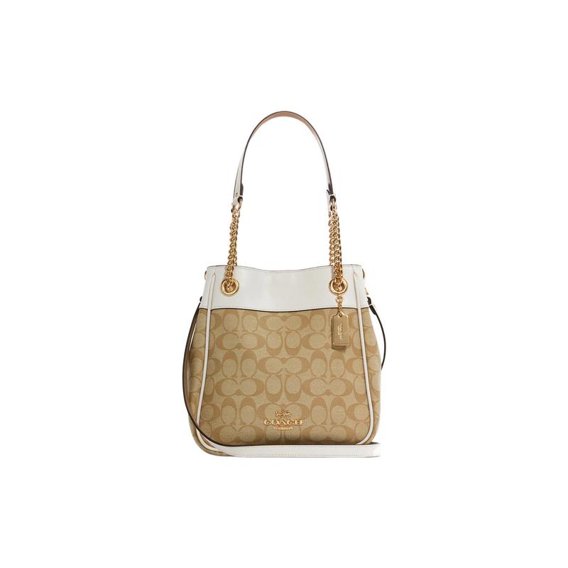 

COACH Cammie 23 Classic Presbyopia Chain Double Layer Canvas and Leather Bucket Bag Crossbody Shoulder Bag Women s Khaki and White білий