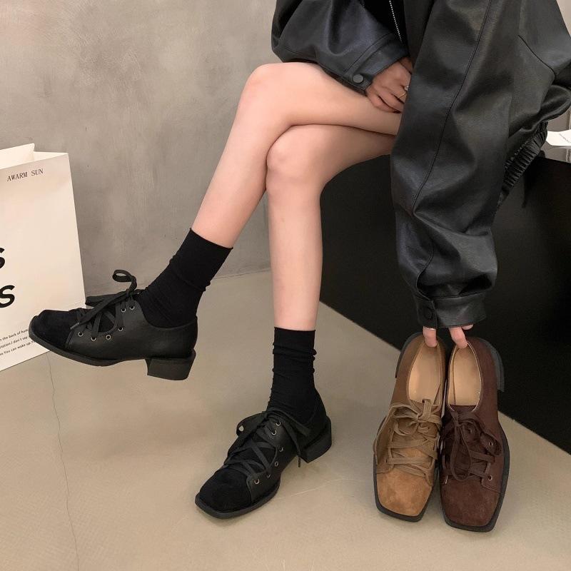 2025 autumn and winter new retro thick-soled square head lace-up loafers women's shoes fashion temperament versatile single shoes