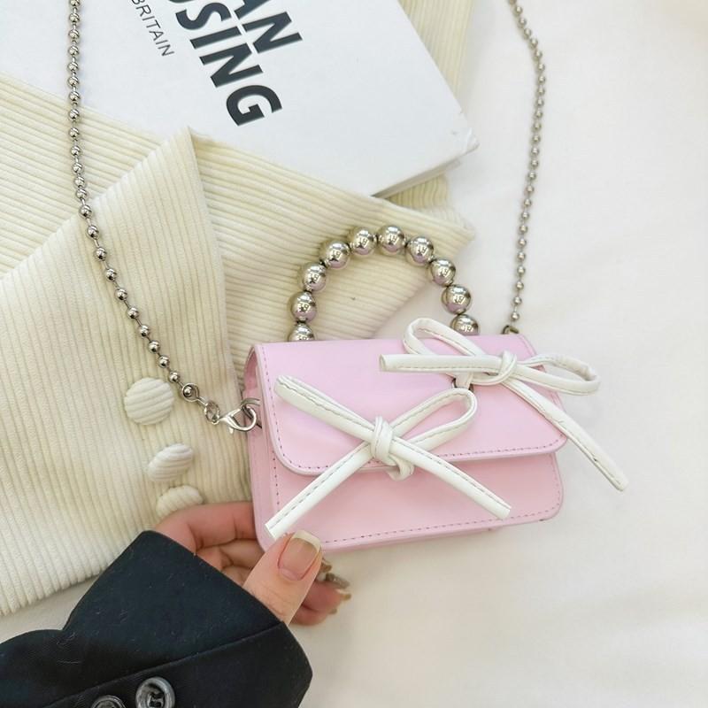 Cute Color-block Kids Shoulder Bag Mini Beaded Child Bag Fashion Bow Children Crossbody Bag Pink