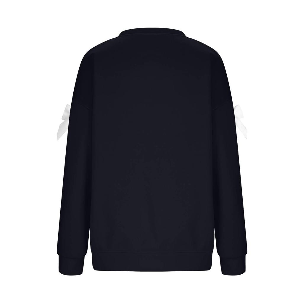 Ladies' Christmas Printed Bow Round Neck Long Sleeved Loose Pullover Sweater Sweatshirt Top