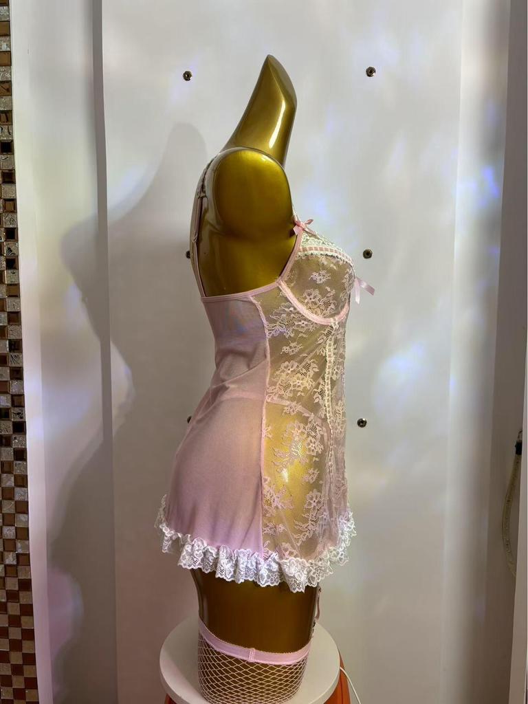 European & American Sexy Lace See-Through Bodysuit Lingerie Set with Fishnet Stockings