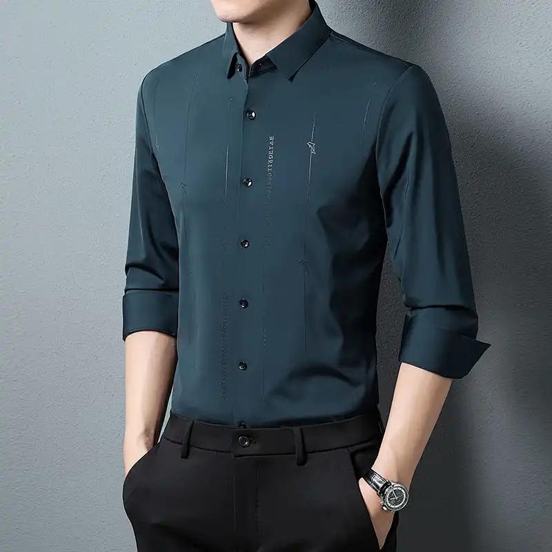 Men's Light Blue Long Sleeve Shirt Slim Fit Casual Business Button-Down Shirt with Minimalist Embroidery