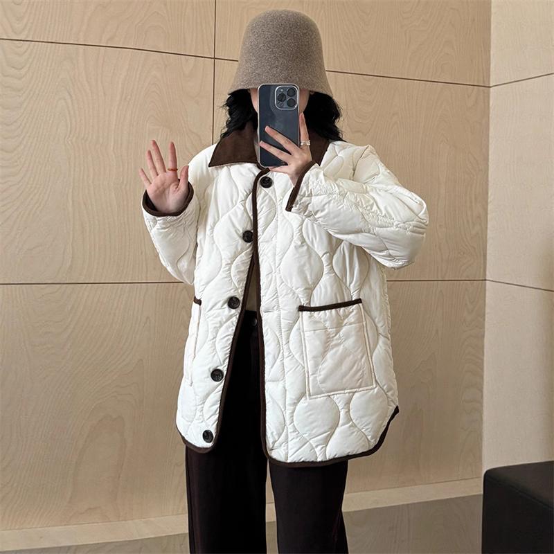 Autumn Down Cotton Padded Jacket Women's Contrast Lapel Rhombic Thin Short Loose Spring Cotton Padded Casual Coats Female