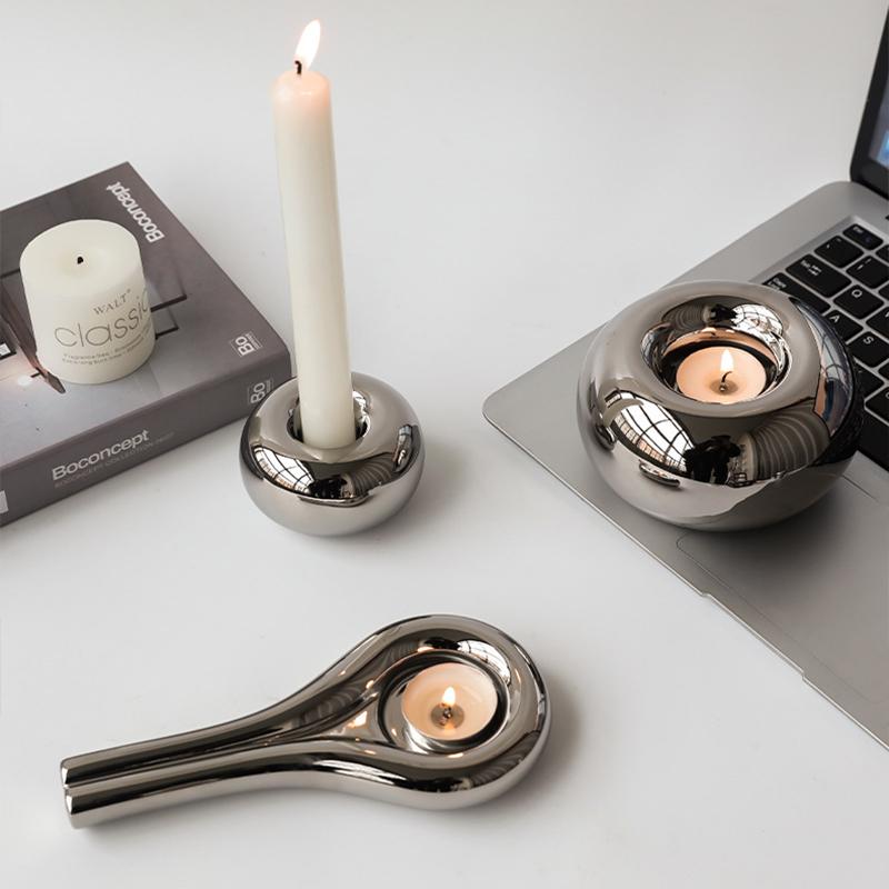 Luxury Electroplating Silver Candlestick Holder Modern Living Room Office Art Decoration Creative Ceramic Cylinder Candle Holder