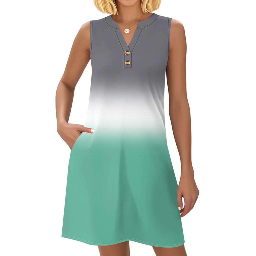 Ladies' Fashionable Gradient Print V-neck Button-down Pocket Vest Dress Beach Vacation Summer Dress