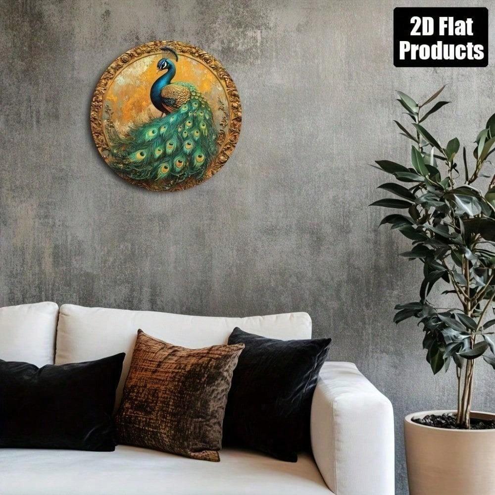 Vintage Peacock Metal Wall Art Sign 8x8 Inch Ornate Round Aluminum Decorative Wall Plaque for Living Room Home Decor