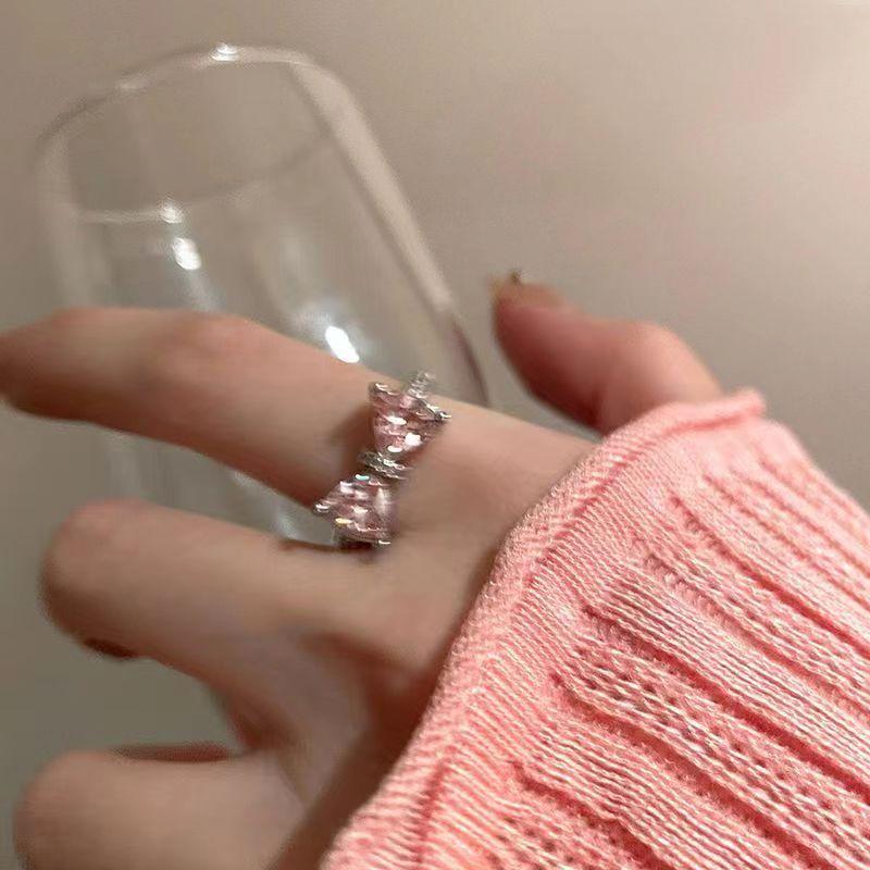Love Pink Bow Open Ring Women's Pink Diamond Zircon French Exquisite Slightly Inlaid Sweet Girlfriend Ring