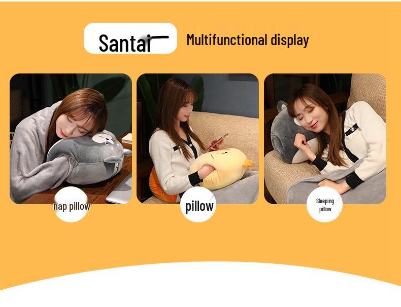 Soft Cute Cartoon Animal Hand Warmer 3-in-1 Pillow Blanket for Office Naps