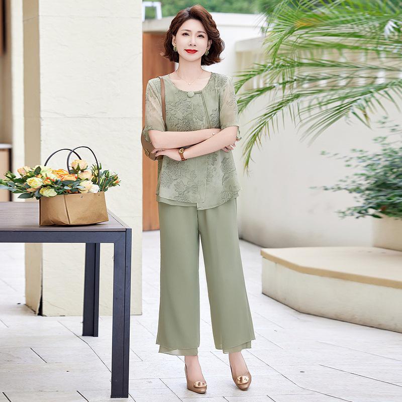 Summer 2025 Chiffon T-shirt & Blouse Set for Middle-Aged & Elderly Women - Fashionable Short-Sleeve Two-Piece