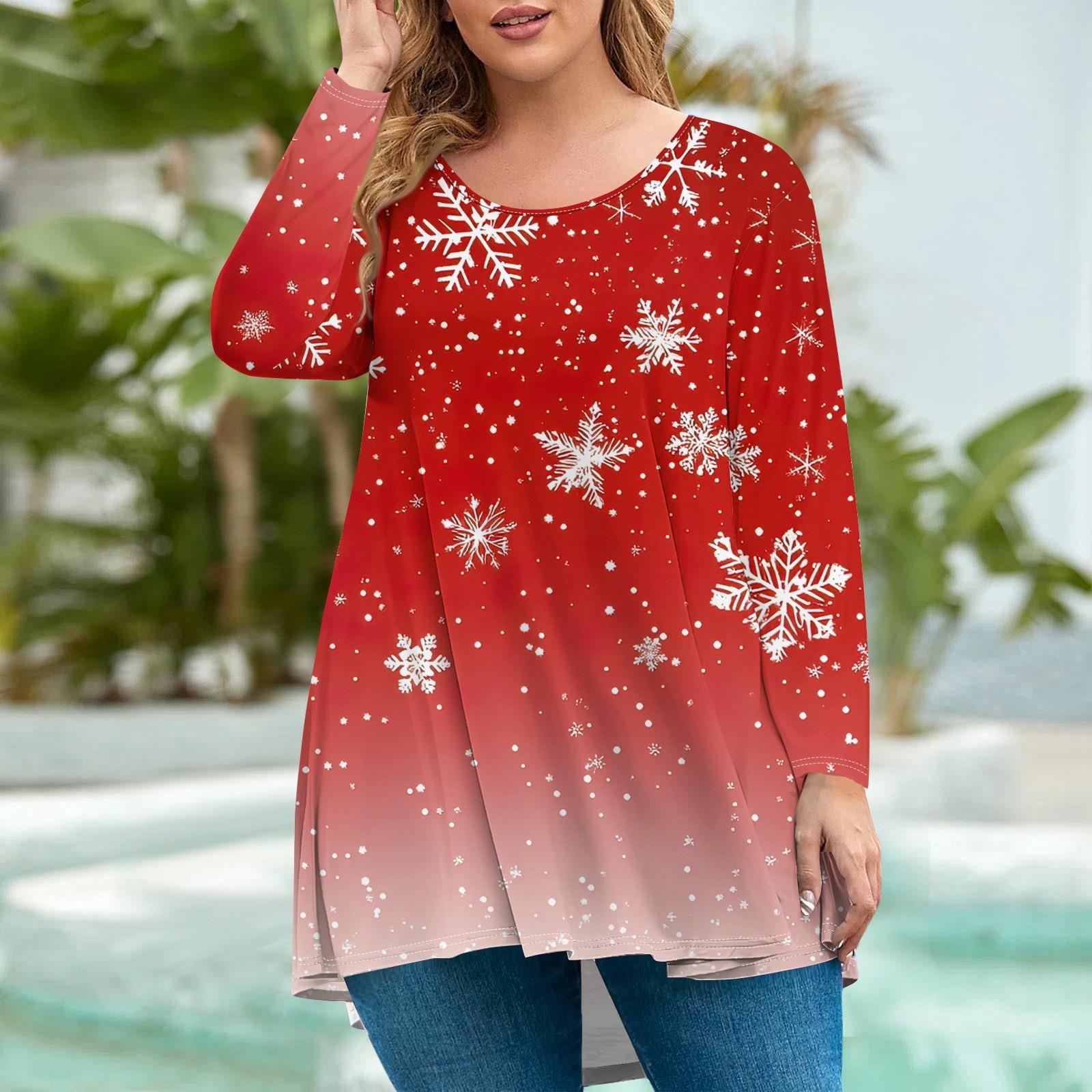 

Женская мода большого размера с круглым вырезом и длинным рукавом, повседневный свободный пуловер с рождественским принтом XL киноварь