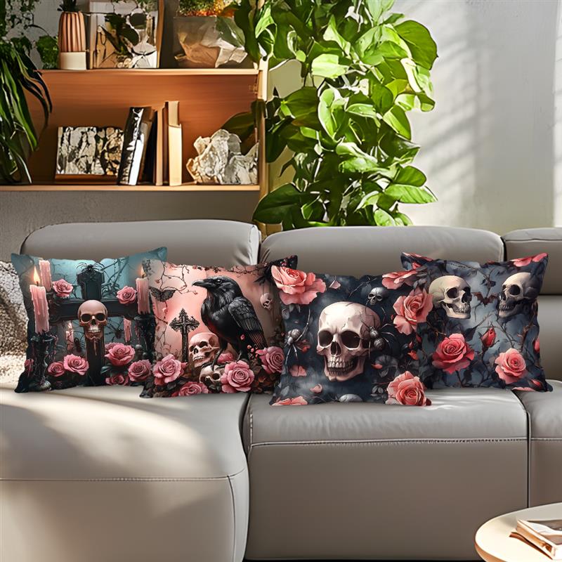 Home Decor Skulls, Roses & Raven Dark Fantasy Pillow Pattern Cushion Cover Suitable For Sofa Bedroom Car Pillow Cover