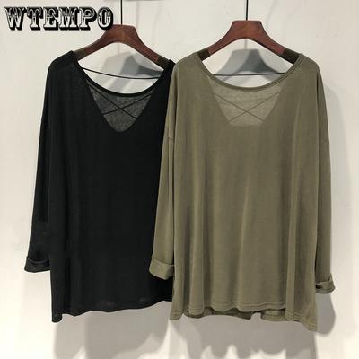 Solid Color Backless Long-sleeved T-shirt Women's Large Top Loose and Versatile Medium and Long Style