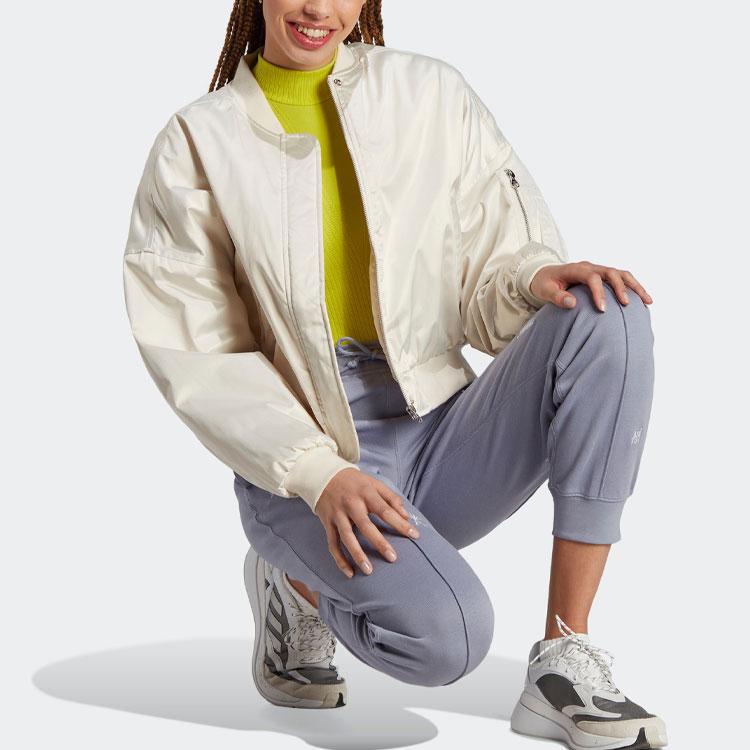 Adidas Healing Crystals Inspired Solid Color Logo Letter Print High Waist Cuffed Sports Pants Women Bottoms Silver Gray Violet IC0808