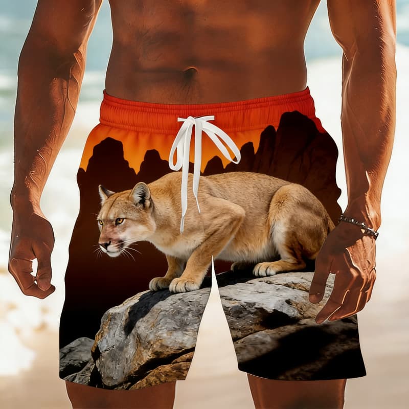 Men's Classic Retro Wild Animal Print Casual Shorts - Eagle Cougar Polar Bear Tiger Rhino Print Beach Shorts For Summer Vacation