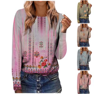 Women's Fashion Casual LongSleeve Print Round Neck Pullover Top Blouse