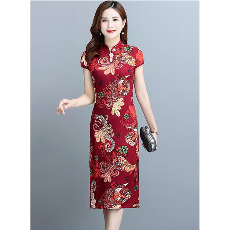 Women Fashion Qipao  Dress Temperament Retro New Year Chinese Style High Waist Stand-up Collar
