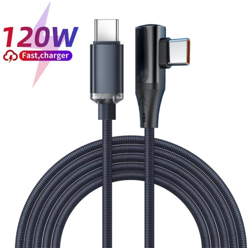 

120W 6A USB C to Type C Fast Charging Cable 90 Degree Elbow USB Quick Charge 3.0 Data Line For iPhone 16 Xiaomi Oneplus Huawei 0.25m чёрный