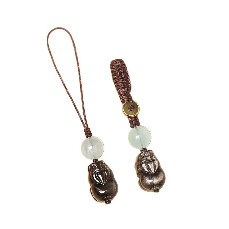 Silver Obsidian & Blue Chalcedony Pi Xiu Lanyard Keychain - Unisex Car & Phone Pendant
