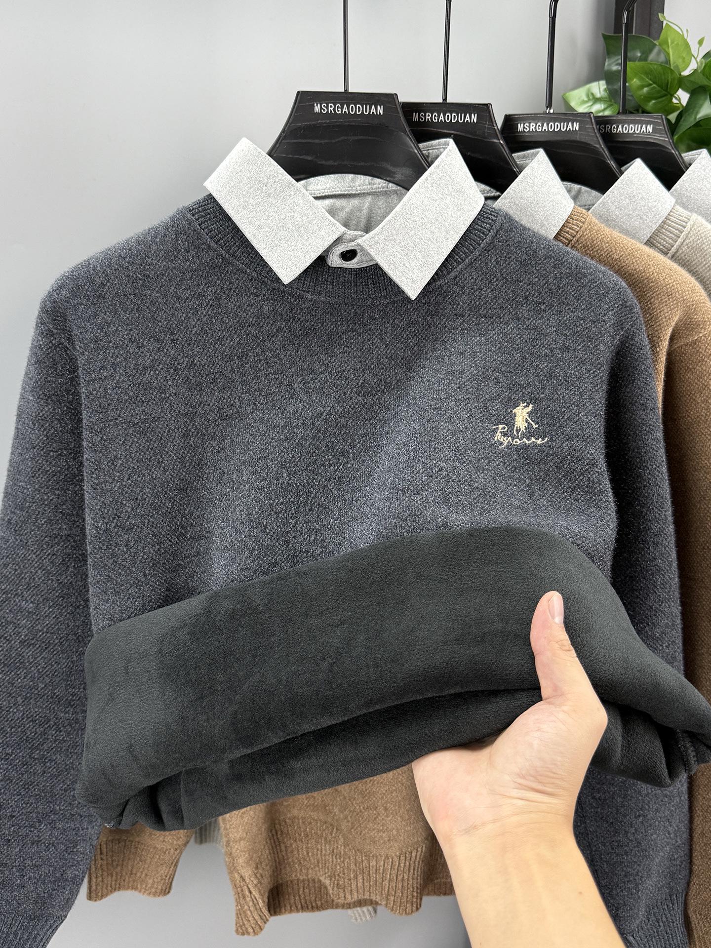 Мужской джемпер-обманка с воротником из велюра и ченилла, зимний, 2025 г. - Утепленный теплый базовый слой M