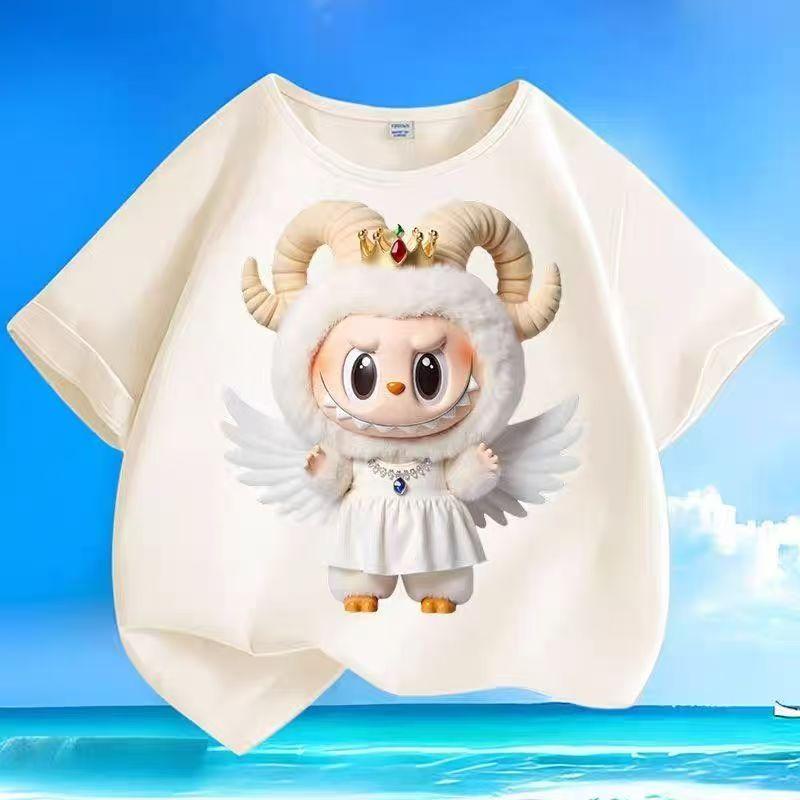 LABUBU Tegneserie Tolv Stjernebilder Trykk Barn T-skjorter Beige Gutt Jenter Kortermet Topp Trend Klær Gave