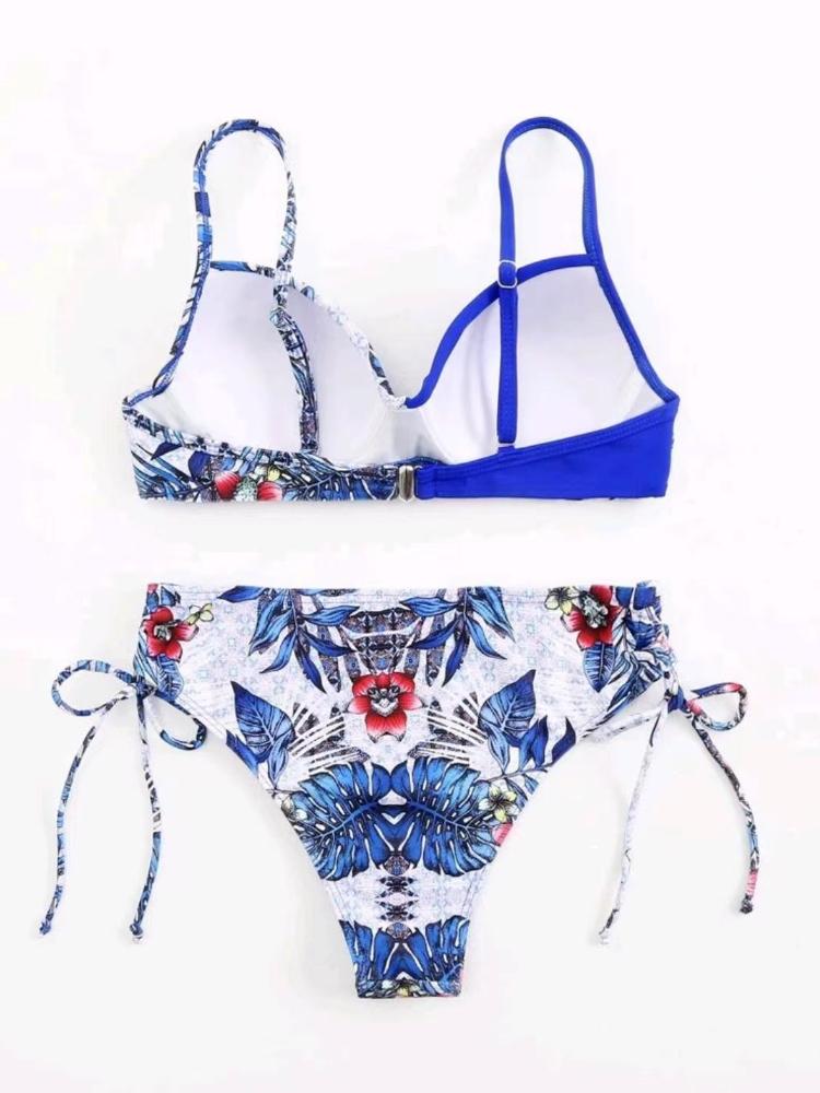 Printed Multicolor Drawstring Backless Swimsuit Beach Gathered Sexy Split Steel Bracket Hard Bag Bikini Set Girl
