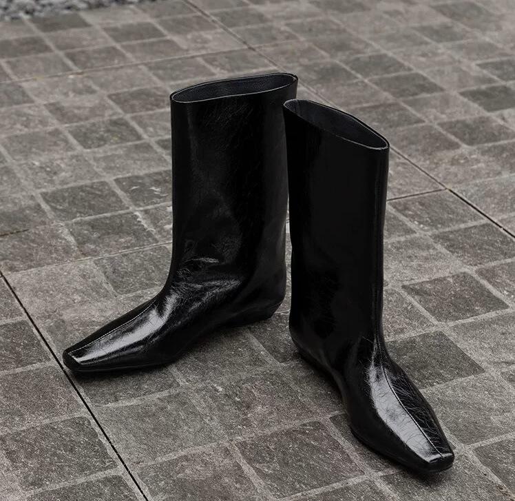 

Sheepskin version~ foreign leather square head slope heel medium boots women s French wide tube small ankle boots knight short boots Martin boots 40