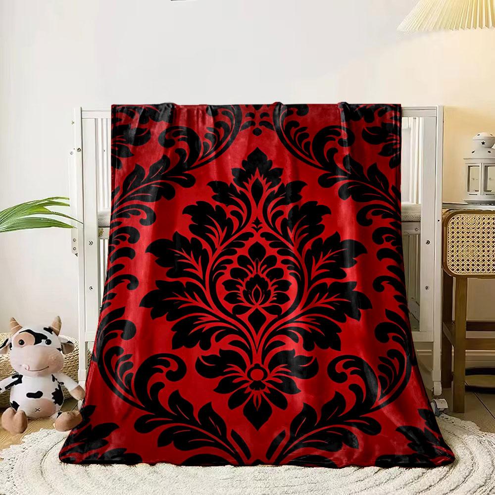 Elegant black floral damask pattern on a rich red background. for all seasons blanket lunch break throw gift 80cm x 120cm