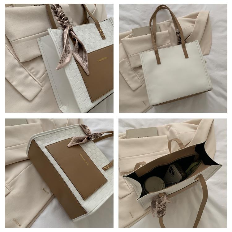 Elegant Silk Scarf Decorated Tote Bag Women Fashion Commuter Shoulder Handbag Soft Faux Leather Work Bag