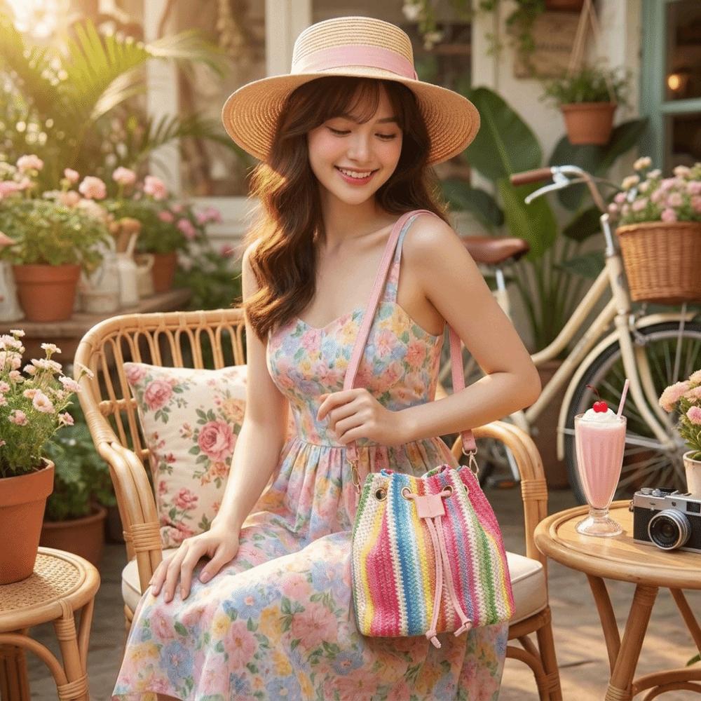Rainbow Striped Beach Straw Bag Woven Shoulder Bag Colorful Crossbody Bag  Women