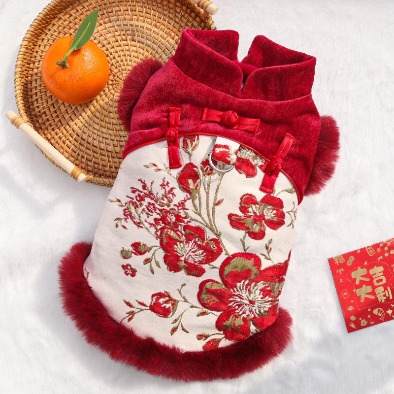 New Chinese-style Folk-style Luxurious Flower-haired Cat Pet Warm Fleece Dog and Cat Fall-winter Clothing Accessories and Supplies