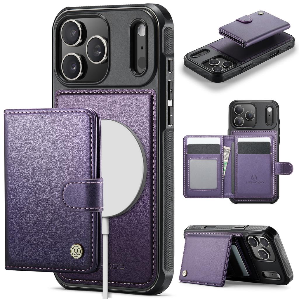 For iPhone 17 Pro Case JEEHOOD J09 RFID Blocking Card Holder Leather Back Phone Cover Compatible with MagSafe