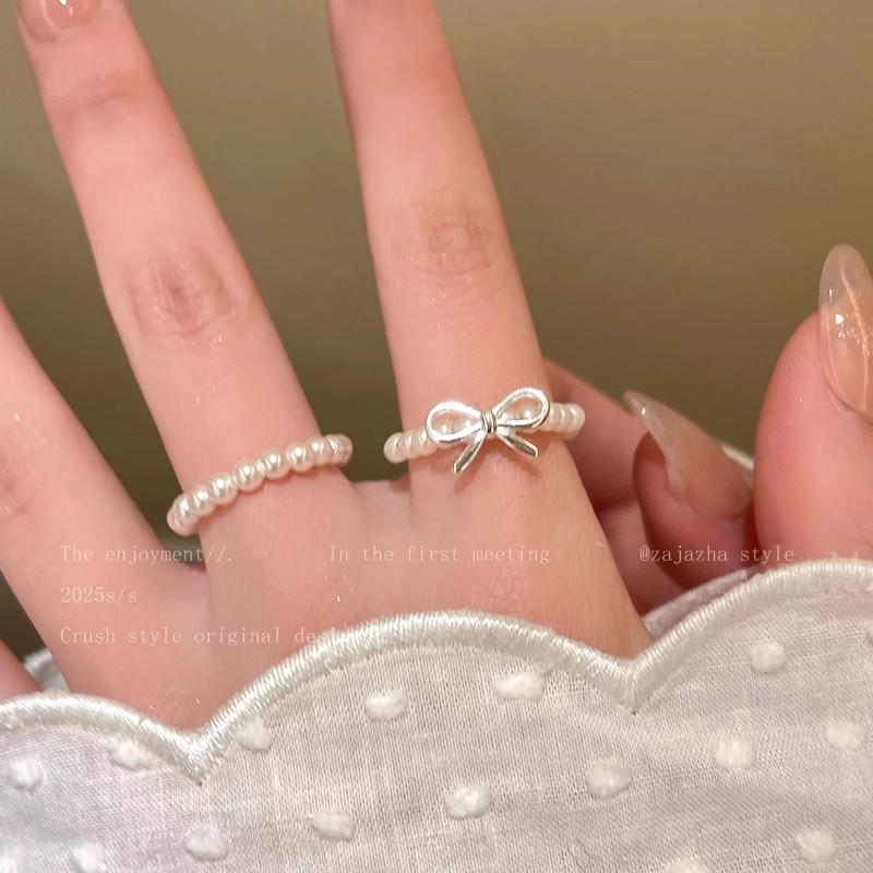 Bow Pearl Beaded Ring Korean Ins Design Index Finger Ring Stacked Wearing Ring