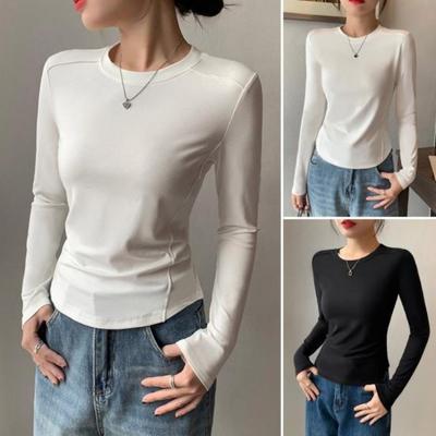 Suéteres Elásticos Suaves para Mujer Manga Larga Cuello Redondo Corte Ajustado Camisa Base Color Sólido Tops de Uso Diario