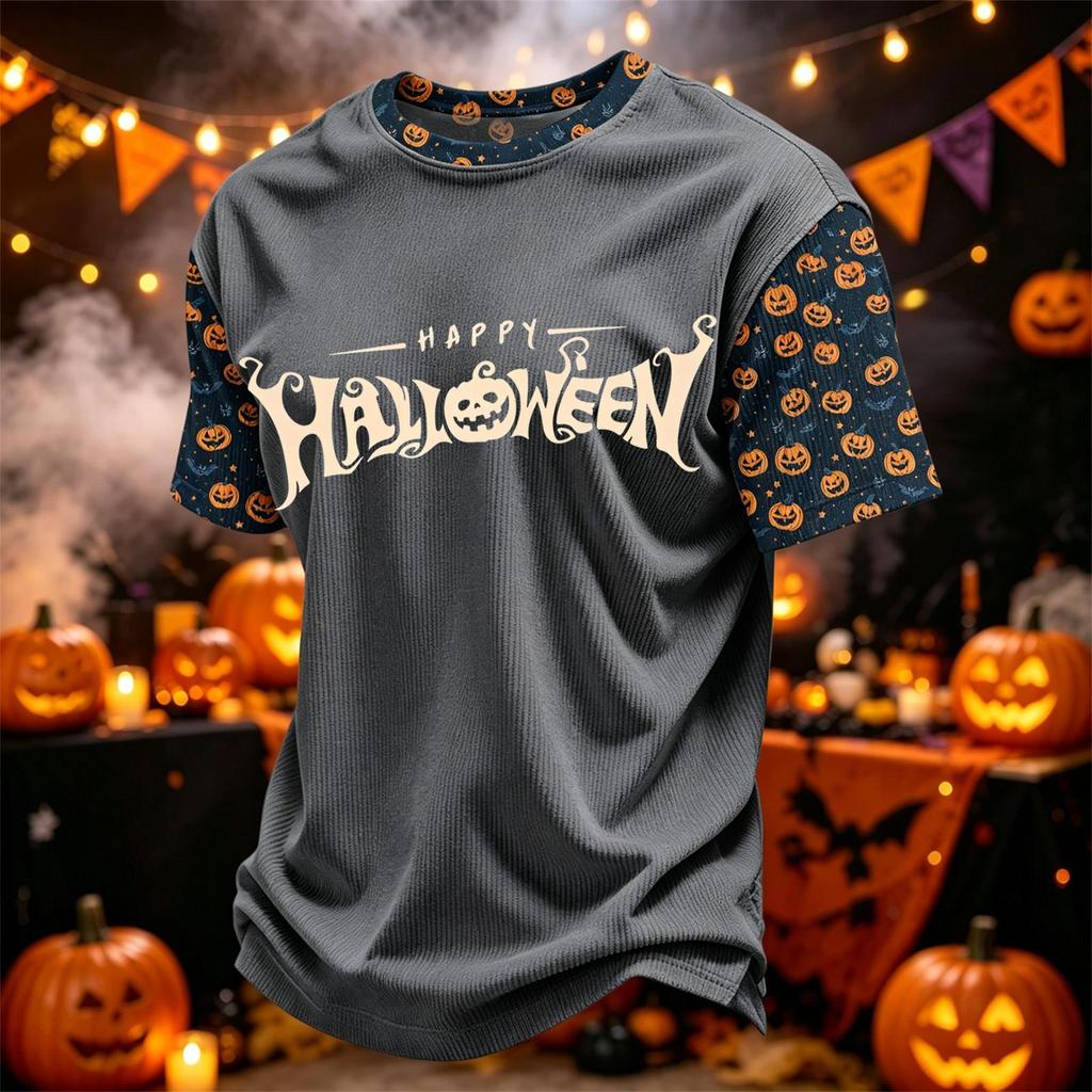 Herren Casual Corduroy Kurzarm Leicht Atmungsaktiv Rundhalsausschnitt Oberteil Halloween-Thema Aufdruck Buchstaben Design Bequeme Passform