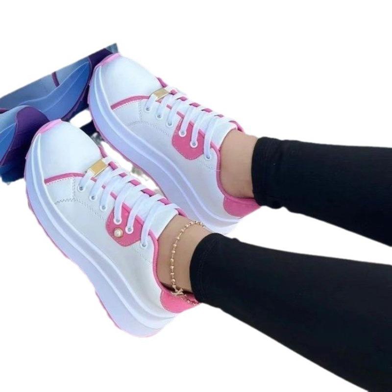 Sneakers da Donna con Plateau a Larghezza Larga, Scarpe Basse Monocolore a Punta Tonda a Taglio Basso, Scarpe Casual da Skateboard con Lacci per Donna